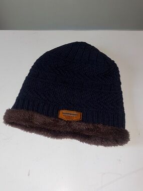 Knit Beanie with Faux Fur Trim - Navy & Brown